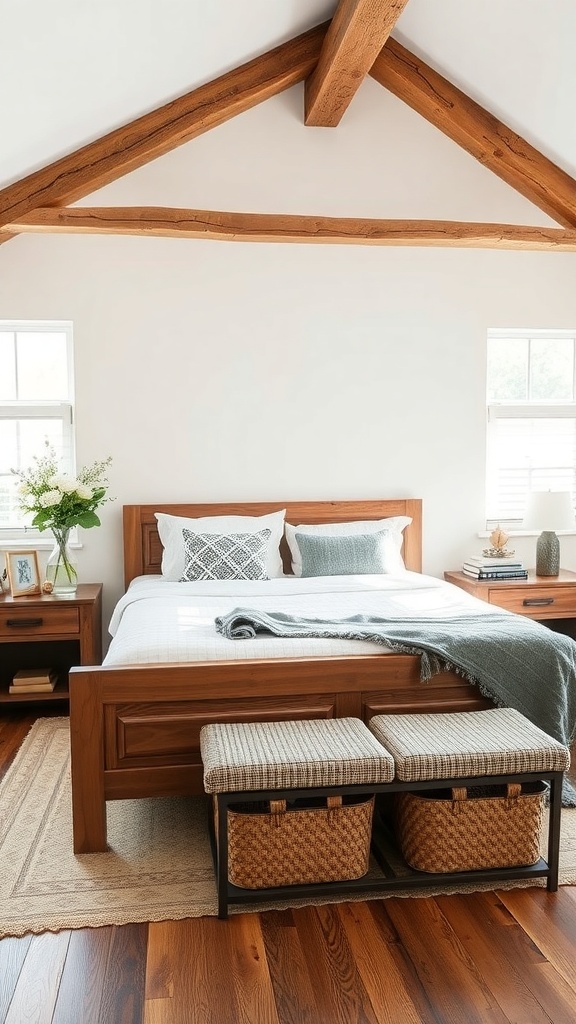 A cozy bedroom featuring rustic wooden elements, including a wooden bed frame and exposed wooden beams on the ceiling.