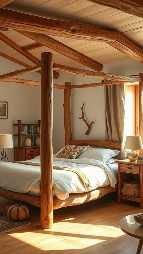 A rustic bedroom featuring a wooden four-poster bed with natural wood beams, soft bedding, and warm sunlight.