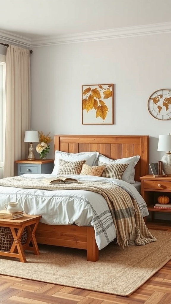 A cozy bedroom featuring rustic wooden furniture, including a bed frame, side table, and decorative elements.