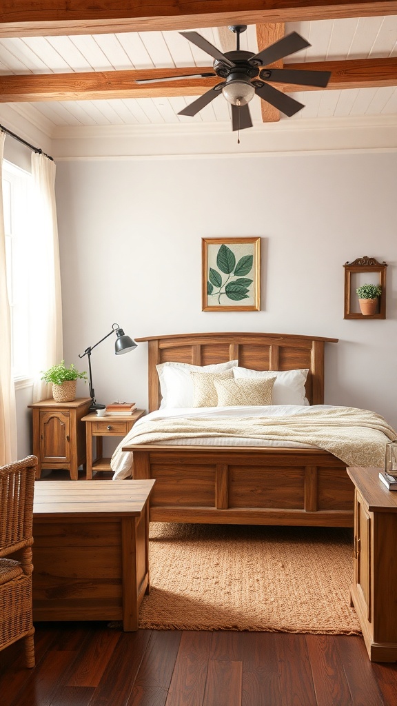 A cozy cottagecore bedroom featuring rustic wooden furniture, including a bed, nightstands, and a coffee table.