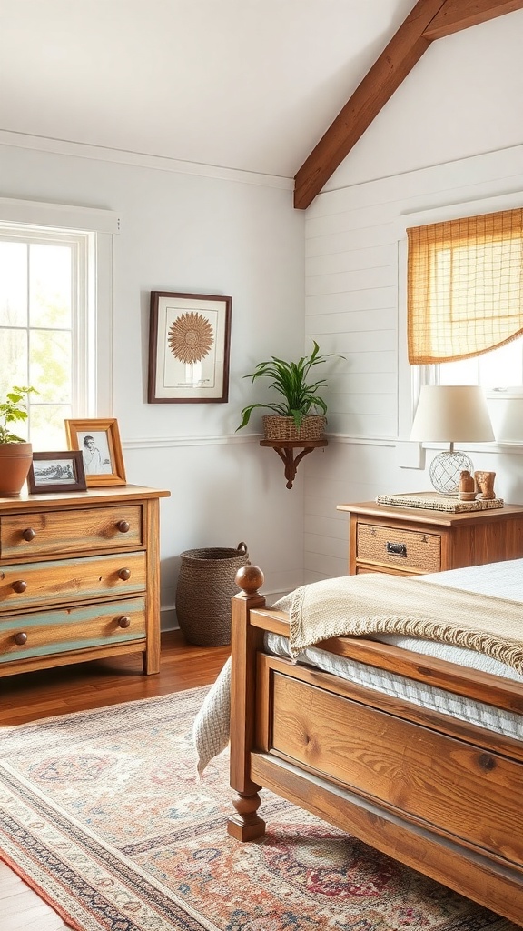 A cozy cottagecore bedroom featuring rustic wooden furniture, including a bed and dresser, with warm tones and natural textures.