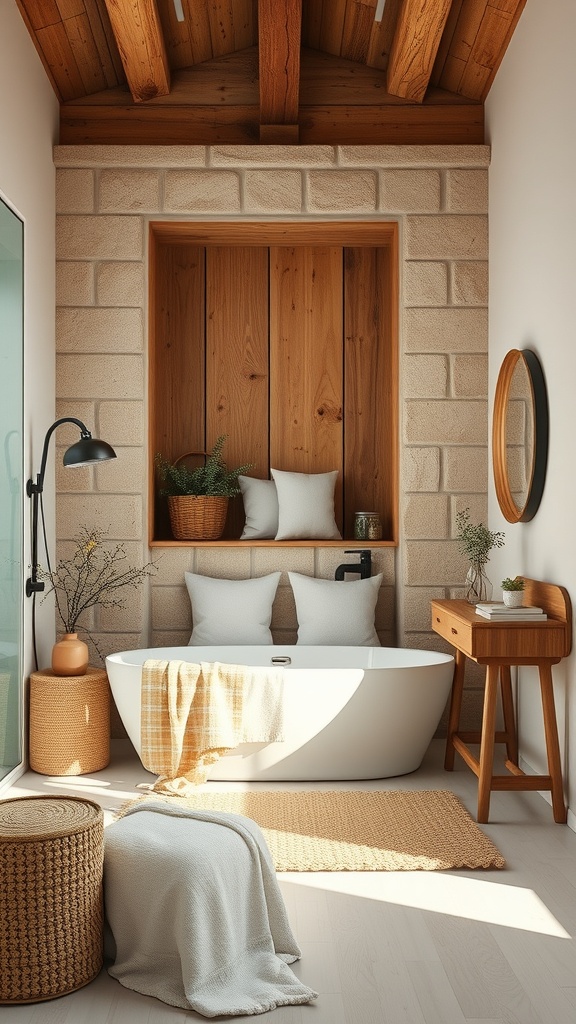 A cozy bathroom featuring a rustic wooden niche with pillows, a freestanding bathtub, and natural decor.