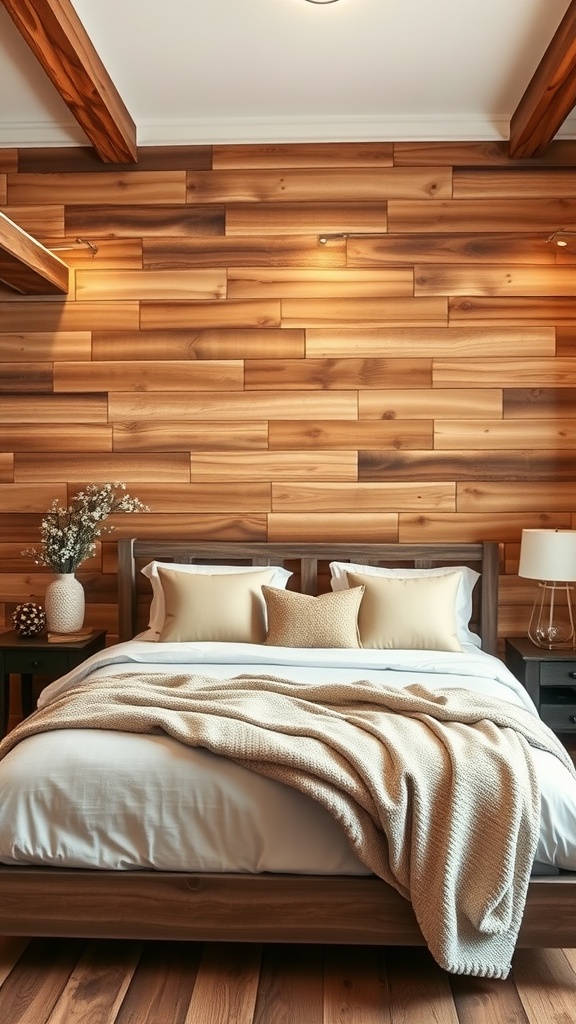 Bedroom with rustic wooden panel wall, cozy bedding, and soft lighting