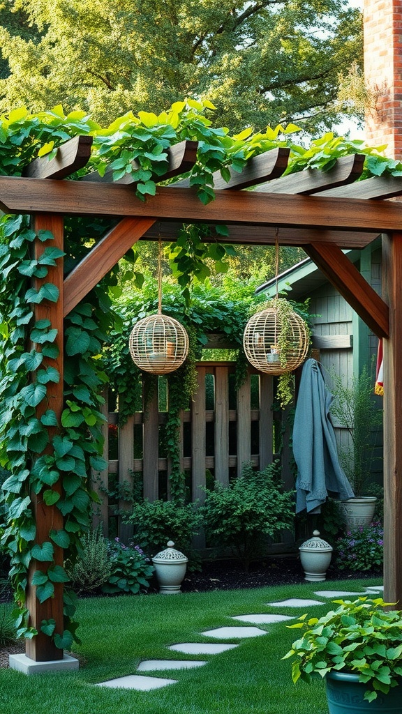 A rustic wooden pergola draped with climbing vines and adorned with hanging lanterns in a lush backyard garden.