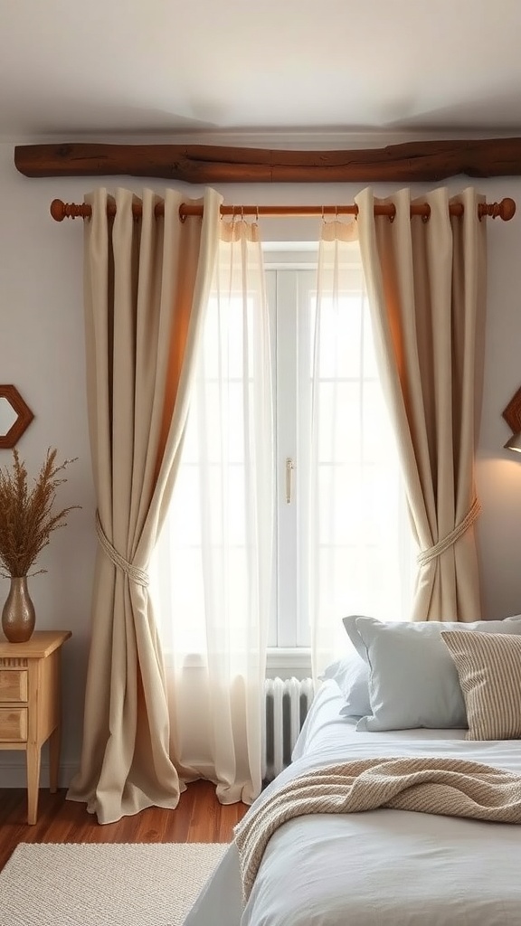 A cozy bedroom featuring rustic wooden curtain rods with soft fabric curtains, creating a warm and inviting atmosphere.