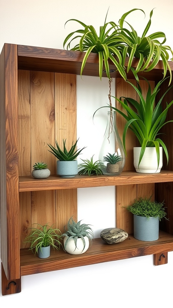 Rustic wooden shelves displaying various air plants and decorative stones.