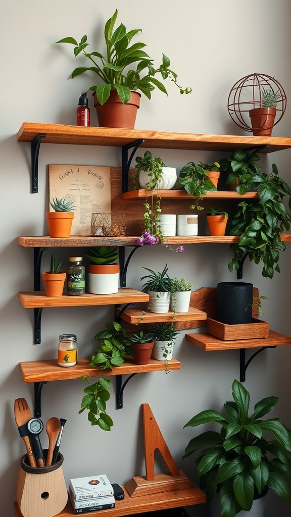 A wall displaying rustic wooden shelves filled with potted plants and decorative items.