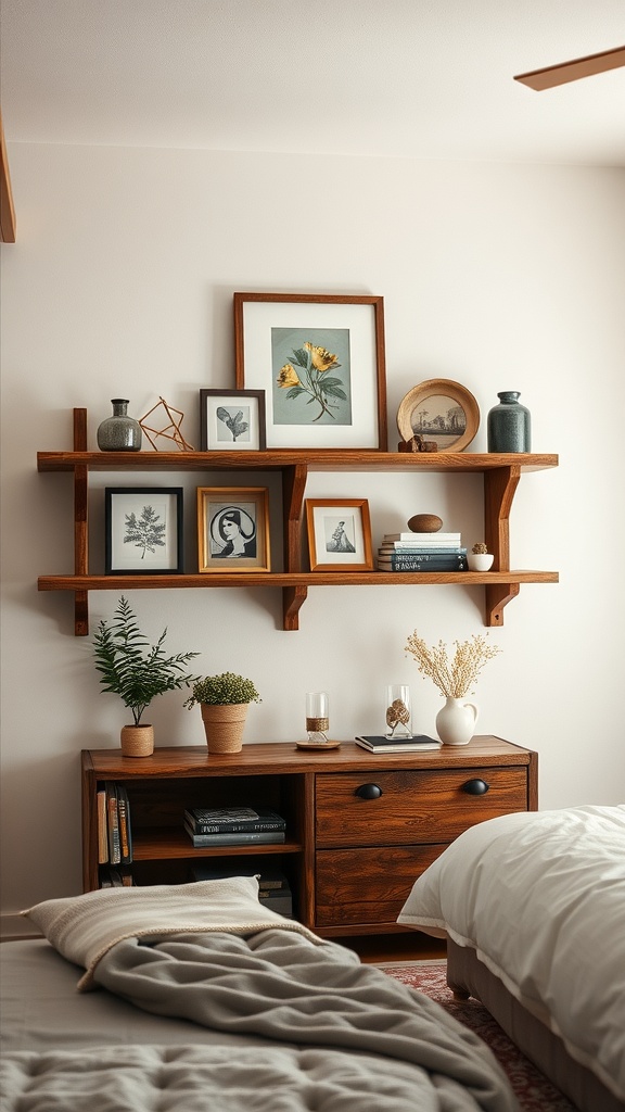 Rustic wooden shelves displaying art, plants, and books in a cozy bedroom