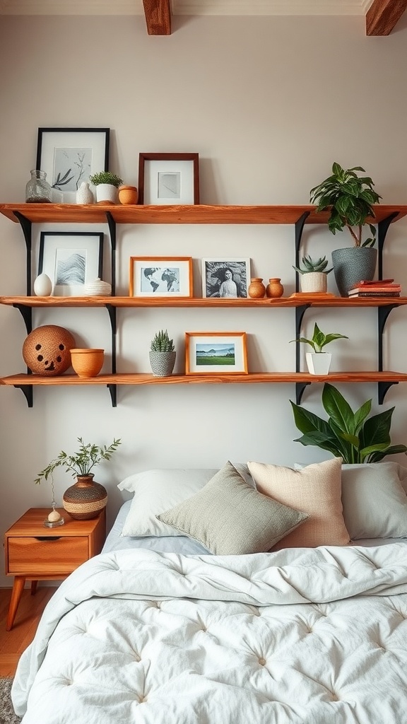 Rustic wooden shelves with decor items in a cozy bedroom setting