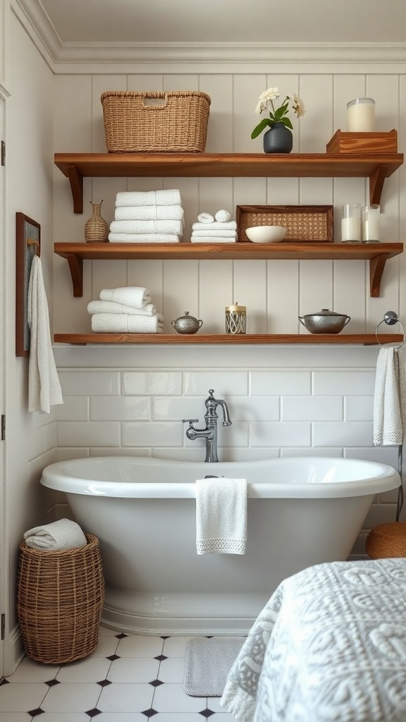 A cozy cottage bathroom featuring rustic wooden shelving with neatly arranged towels and decorative items above a freestanding bathtub.