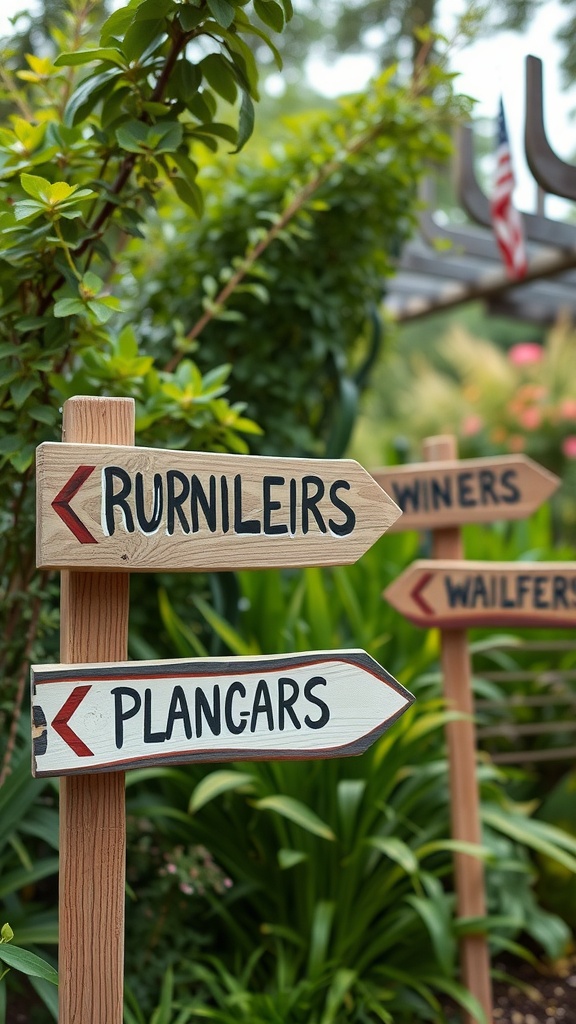 Rustic wooden signage with arrows pointing to various directions in a garden setting