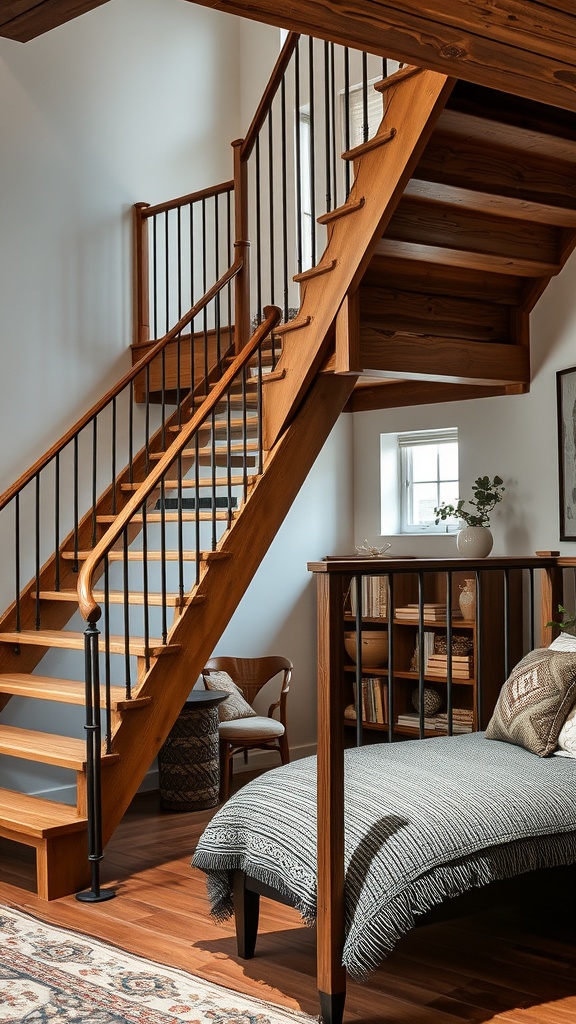 A rustic wooden staircase with metal accents leading to a hallway, featuring a cozy bedroom setup nearby.