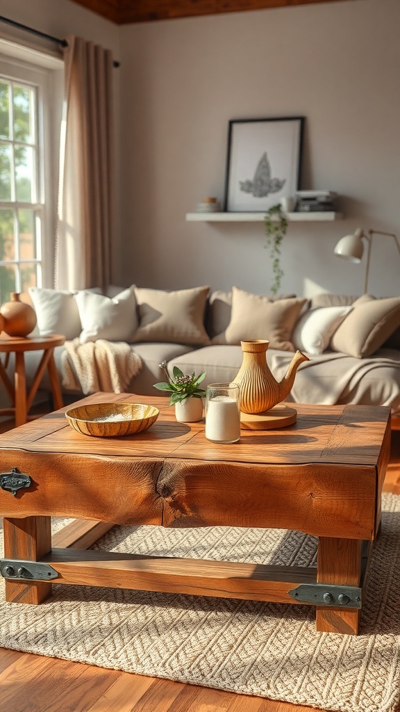 A rustic wooden coffee table in a cozy living room setting with a bowl, plant, and teapot on top.