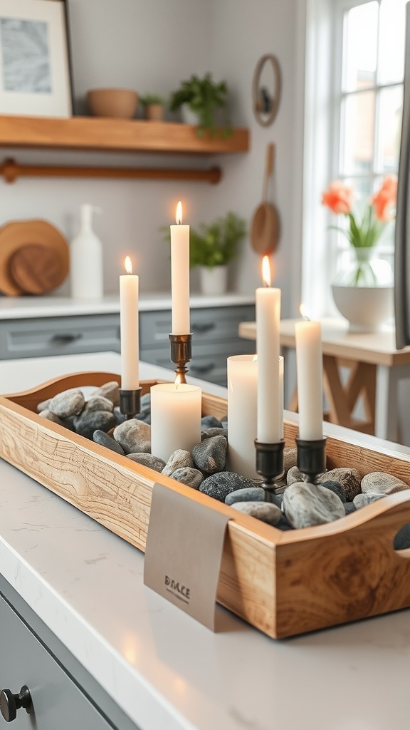 A rustic wooden tray with candles and gray pebbles, set on a kitchen countertop.