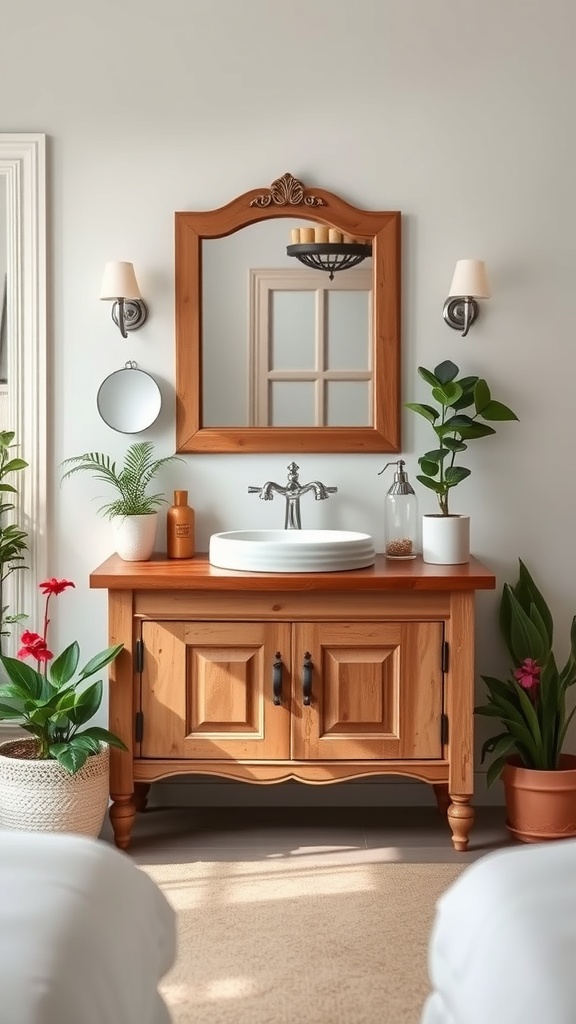 A rustic wooden vanity with a round sink, surrounded by plants and decorative items in a cozy bathroom setting.