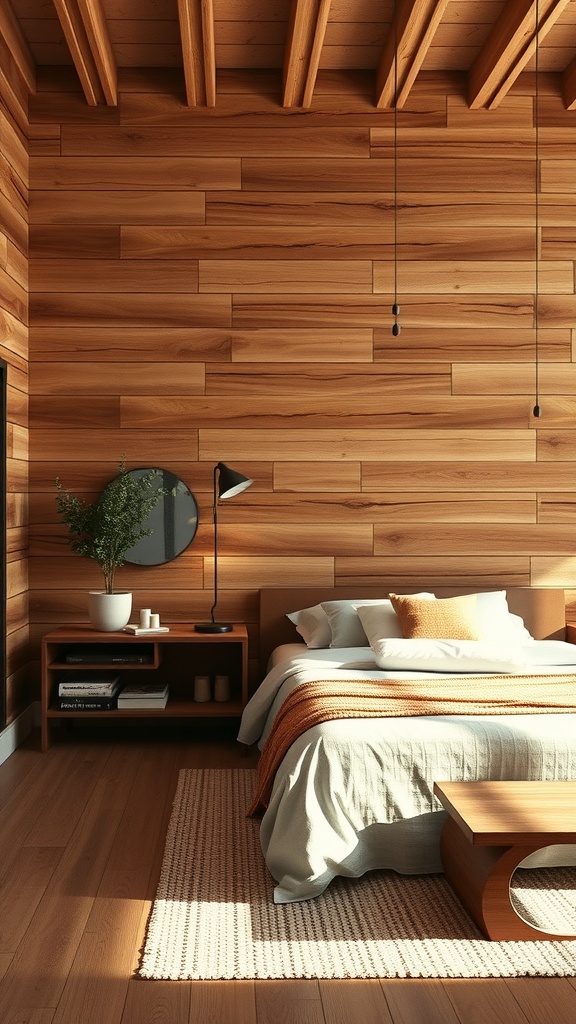 A cozy bedroom featuring rustic wooden wall panels, a comfortable bed with soft bedding, and minimalist furniture.