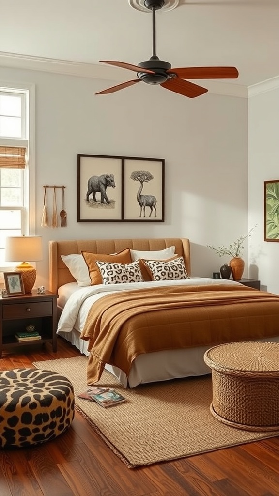 A safari-themed bedroom featuring earthy tones, animal prints, and cozy decor.