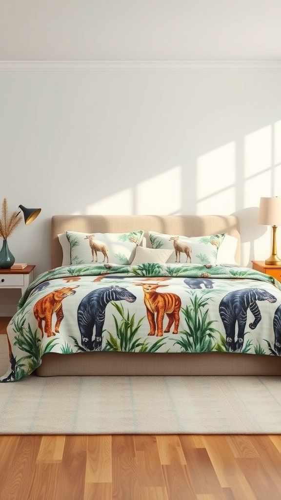A cozy bedroom with safari-themed bedding featuring various animals and greenery.