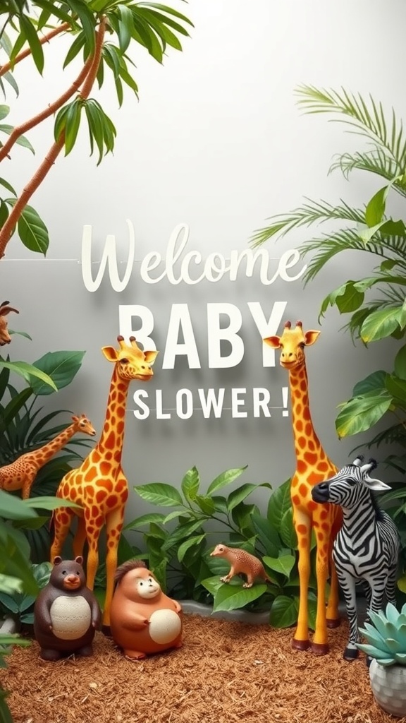 A baby shower welcome sign featuring safari animals like giraffes, bears, and a zebra surrounded by greenery.