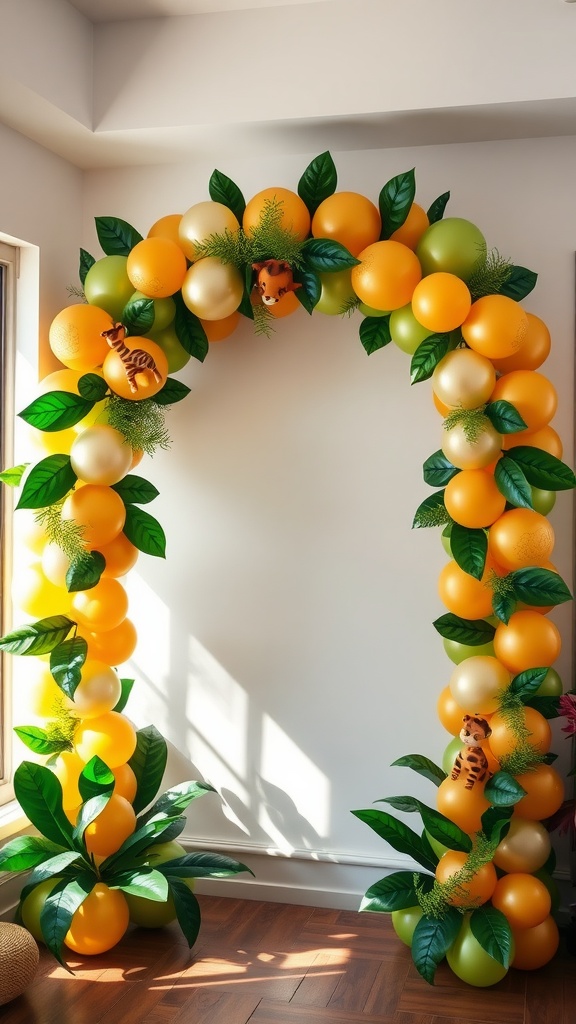 A colorful balloon arch decorated with orange and green balloons, featuring cute animal figures like tigers and lush green leaves, creating a safari adventure atmosphere.