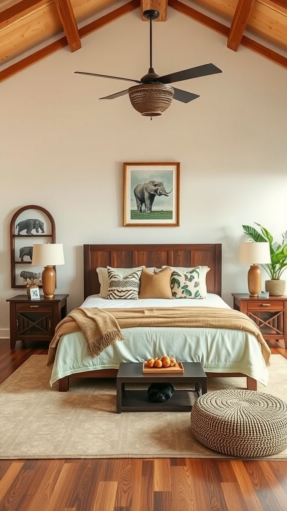 Cozy safari-themed bedroom with elephant artwork and natural decor elements