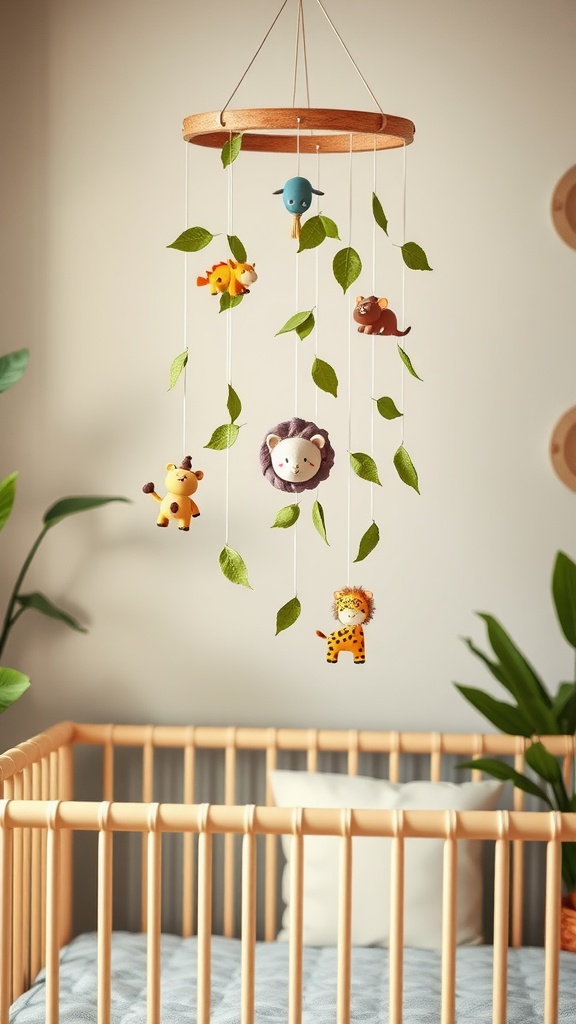 A colorful safari mobile featuring animal figures and leaves, hanging over a crib in a jungle-themed nursery.