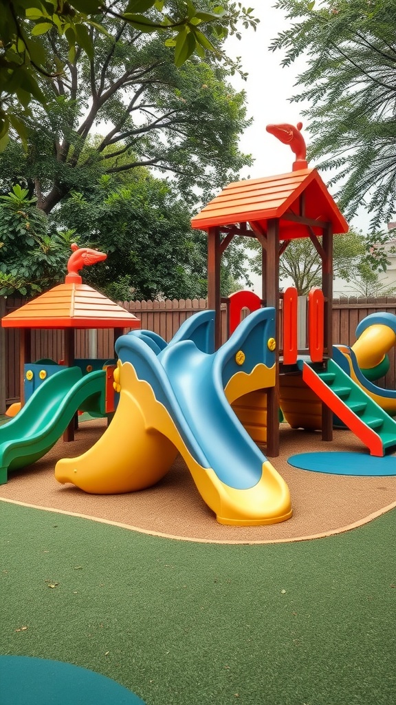 A colorful toddler outdoor play area featuring slides and climbing structures.