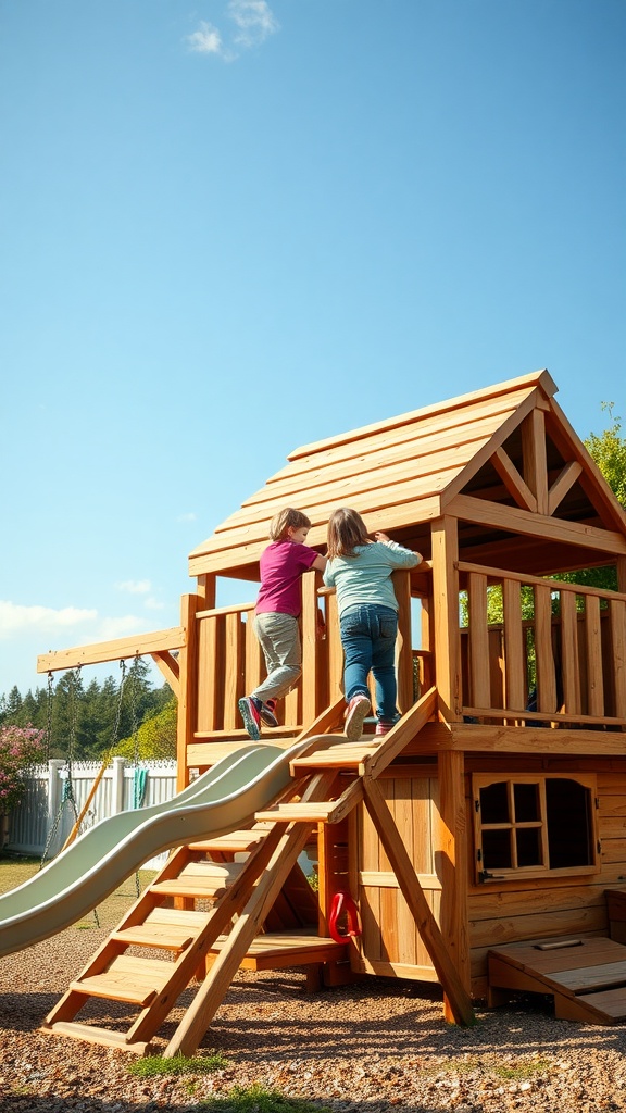Two children climbing a wooden playhouse with a slide in a sunny backyard