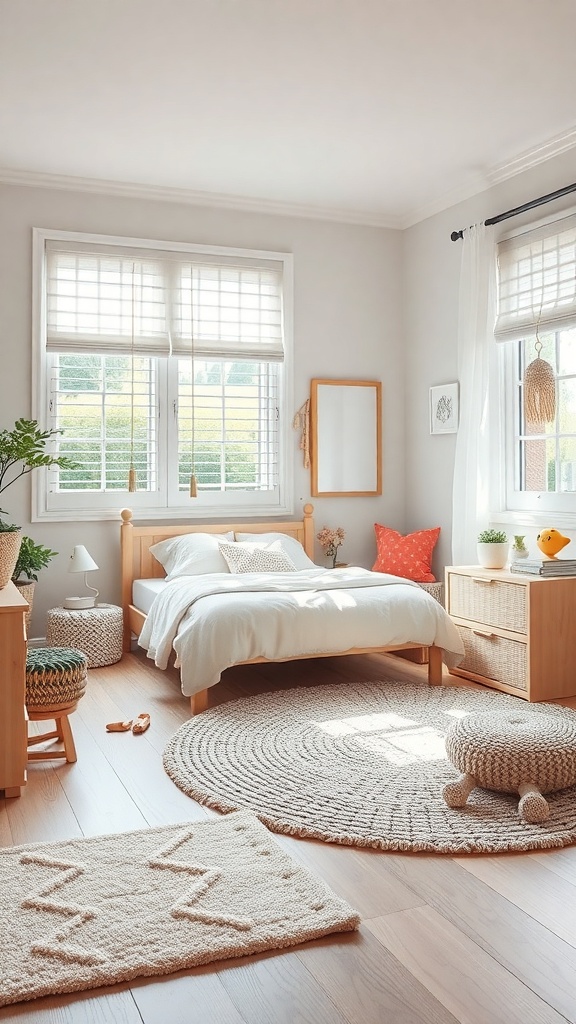 A cozy kindergarten bedroom with wooden flooring and soft rugs, featuring a bed, a round rug, and playful decor.