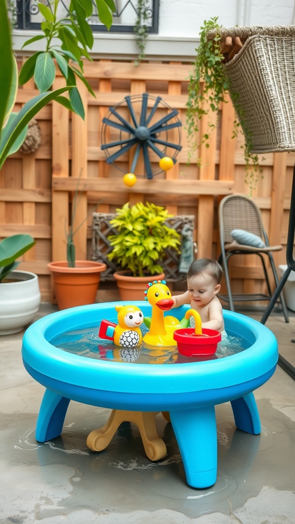 A toddler playing in a blue water table with rubber toys in a cozy outdoor setting.
