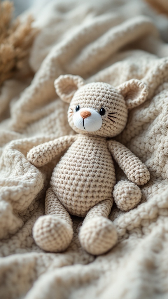 A crochet lovey in the shape of a cute animal, resting on a soft blanket.