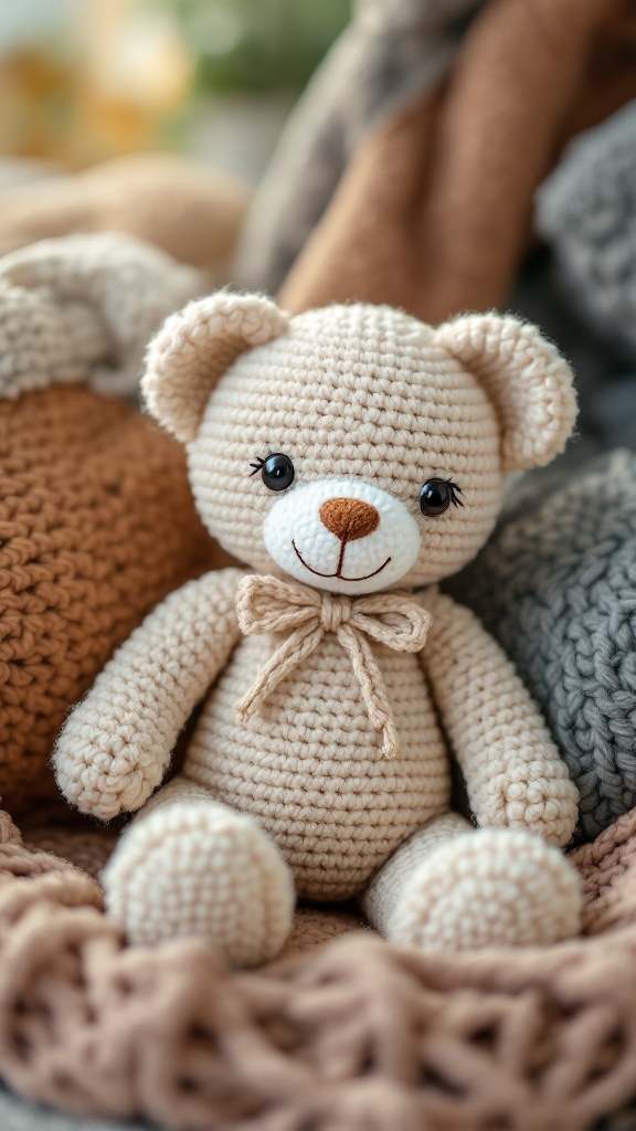A crochet teddy bear sitting on a cozy knitted blanket.