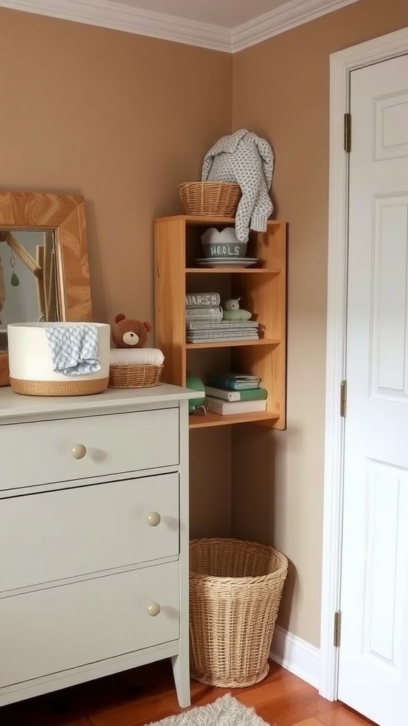A nursery dresser with organized shelves and a clean, safe layout