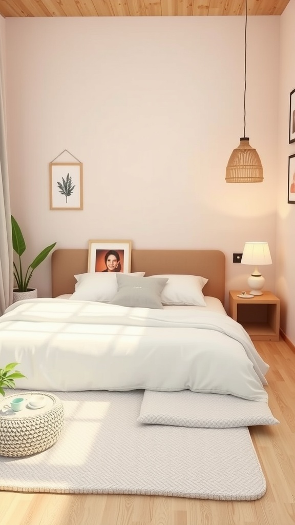 A cozy toddler bedroom featuring a floor bed with soft bedding and natural light.