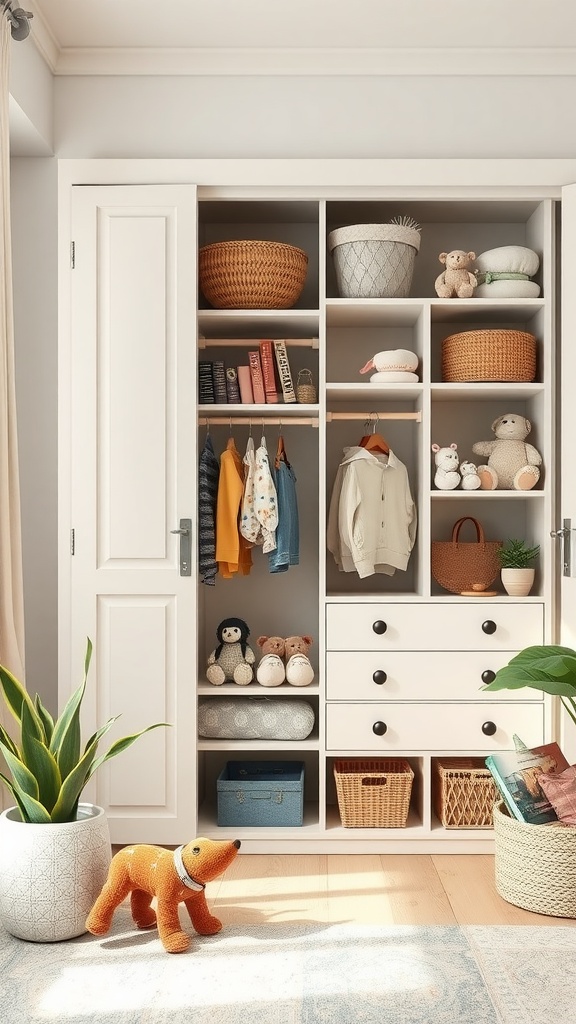 A well-organized kids' closet with clothing, toys, and storage baskets.