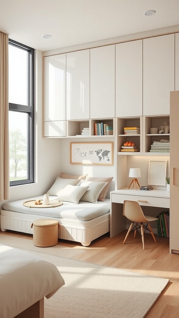 A well-designed shared bedroom featuring a cozy daybed, workspace, and ample natural light.