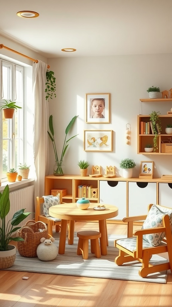 A cozy Montessori toddler room with child-friendly furniture, plants, and natural light.