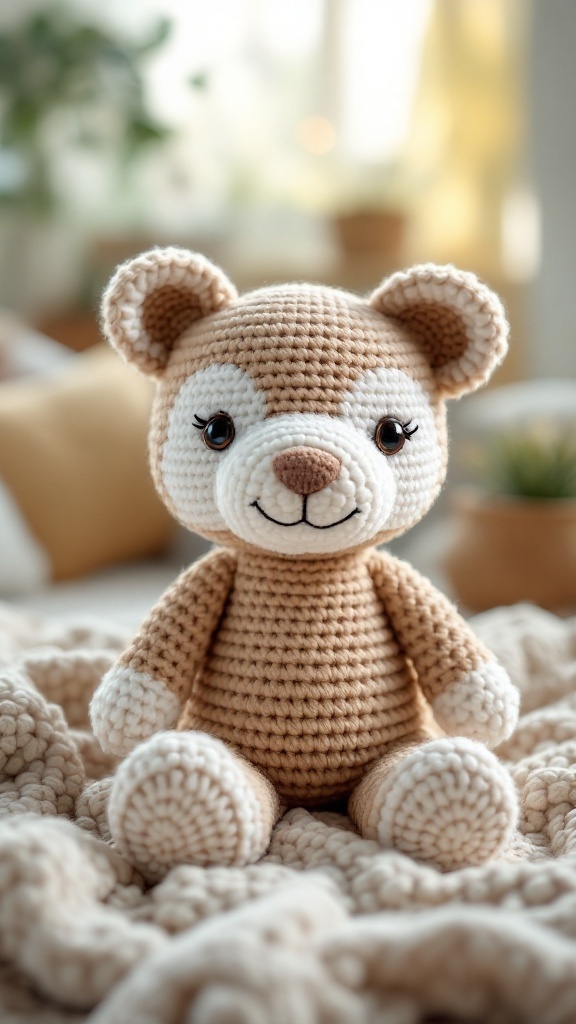 A crocheted bear toy sitting on a cozy blanket.