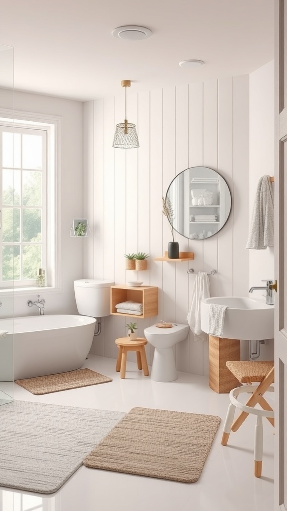 A modern unisex kids bathroom featuring a bathtub, sink, and natural decor.