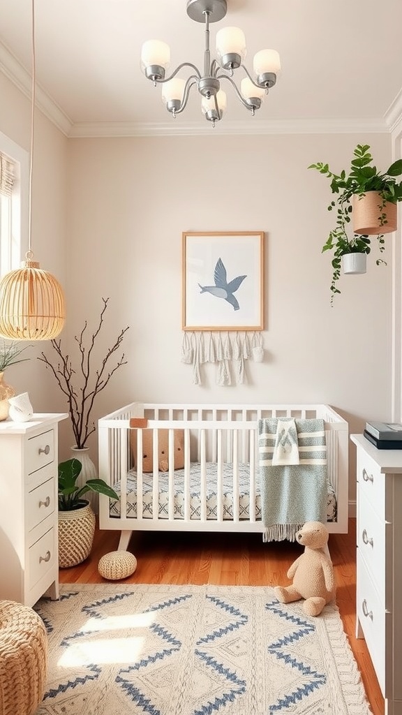 A bright and stylish twin nursery featuring a crib, plants, and cozy decor