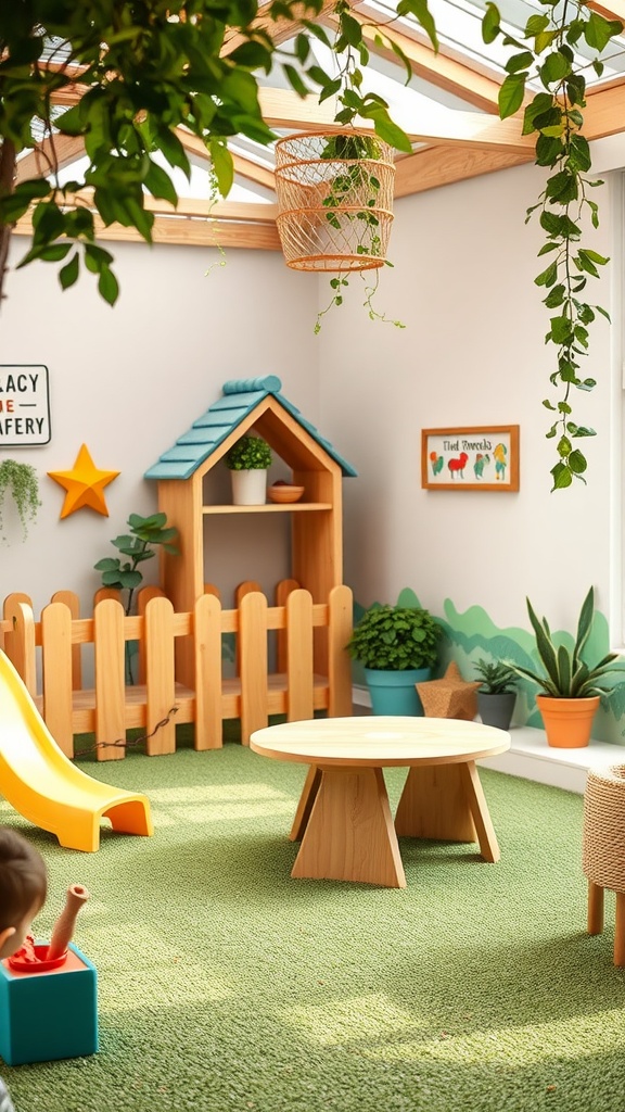 A safe outdoor play area for toddlers featuring a yellow slide, wooden playhouse, and soft green flooring.