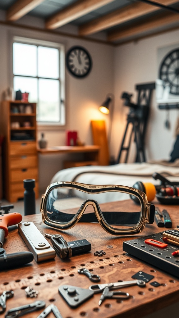 A pair of safety goggles on a workbench surrounded by various tools.