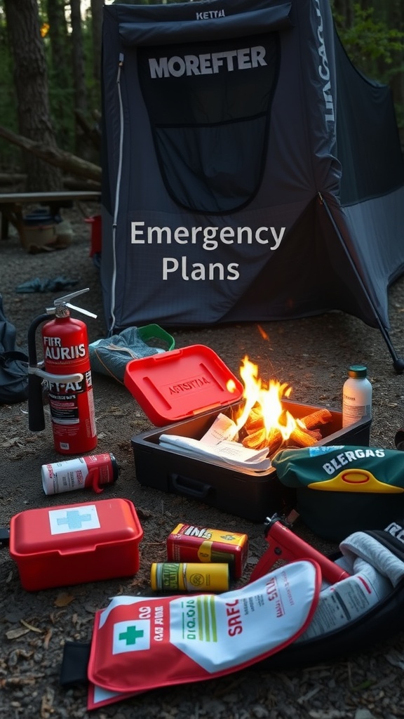 A camping setup showing a tent with safety materials and fire equipment laid out, highlighting emergency preparedness.