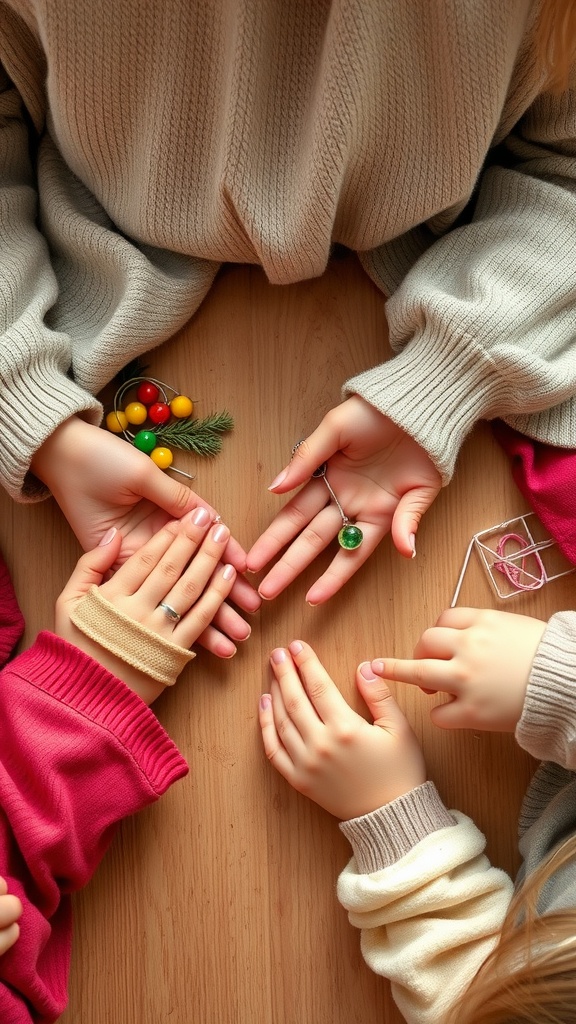 Hands of kids and adults crafting safety pin bracelets together with colorful beads.