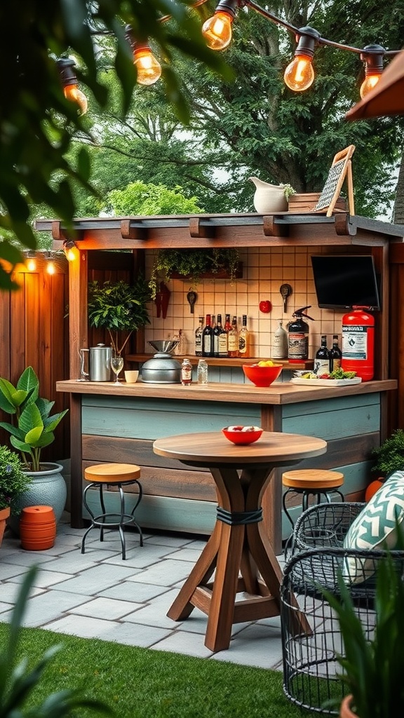 A well-designed outdoor bar area with warm lighting, plants, and seating, ideal for gatherings.