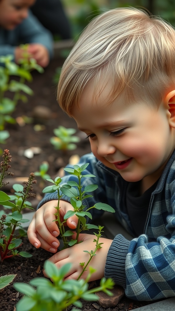 A young boy joyfully tending to plants in a garden.