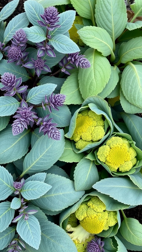 Sage plants growing alongside broccoli heads