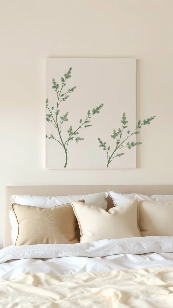 Sage flora wall art featuring green branches on a neutral background above a neatly made bed with cream pillows.