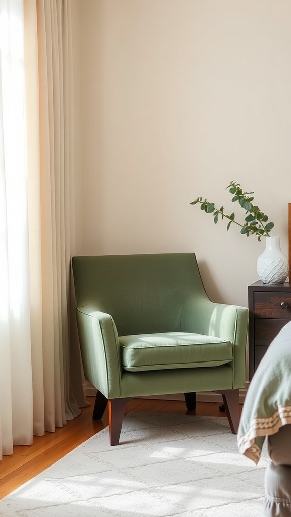 A sage green accent chair placed in a bright bedroom corner, next to a side table and a plant.