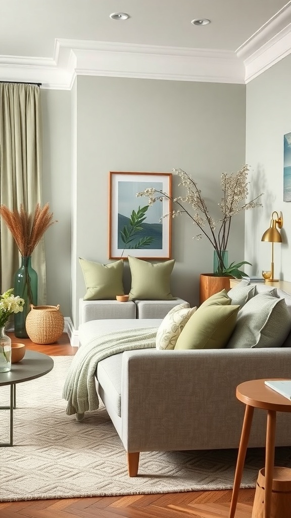 A stylish living room featuring sage green accessories, including throw pillows, a textured throw, and natural elements like plants and flowers.